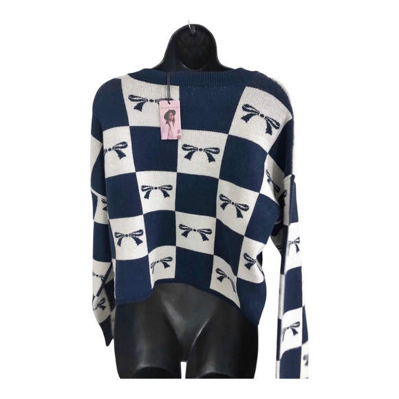 Sincerely Jules navy blue & cream checkerboard look dark blue bow sweater size L - Picture 9 of 9